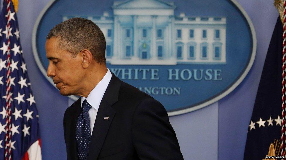 President Barack Obama walks away from a White House podium after making a statement about the Boston Marathon bombing, 15 April 2013