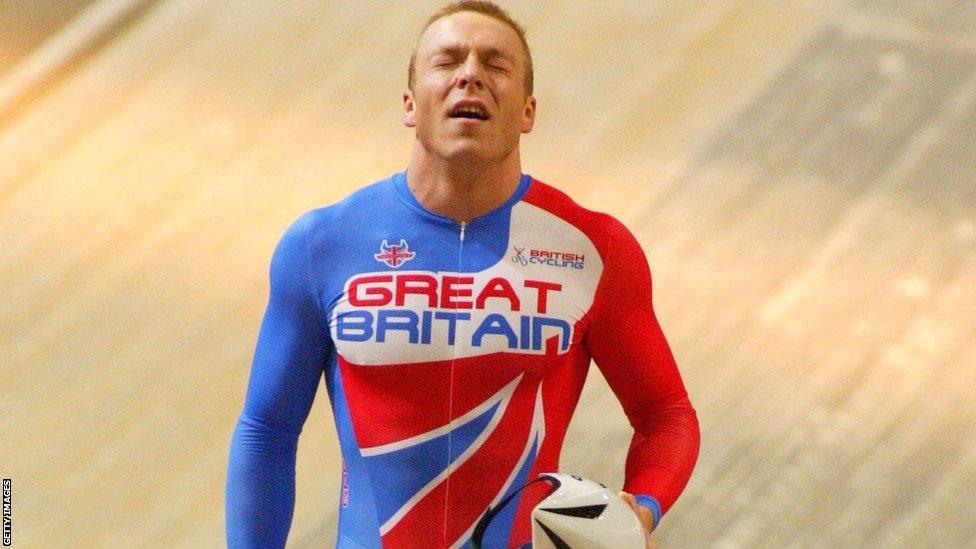 Chris Hoy celebrates winning the men's team sprint at the 2002 Track Cycling World Championships in Copenhagen