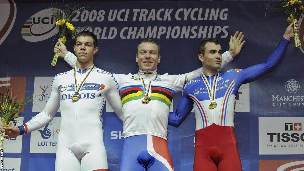 Chris Hoy (centre) celebrates his sprint gold medal with France's Mickael Bourgain (right) and Kevin Sireau