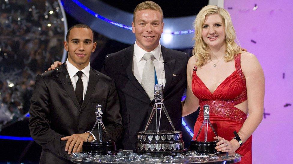 Lewis Hamilton (left), Chris Hoy (centre) and Rebecca Adlington