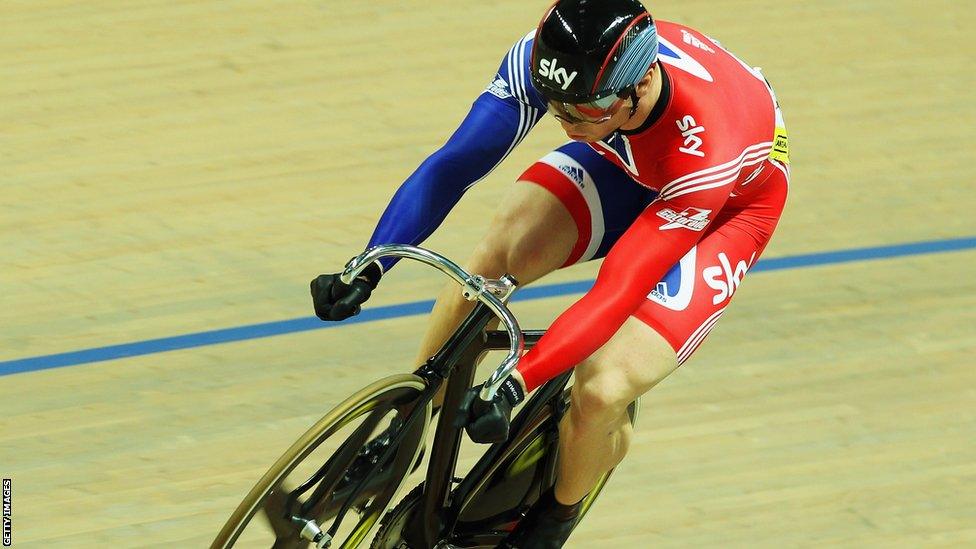 Chris Hoy takes third place in the team sprint at the 2010 European Championships in Poland