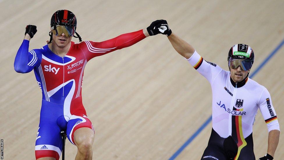 Sir Chris Hoy (left) celebrates with second placed Maximilian Levy (right) after winning the sprint final at the test event for London 2012 at the Olympic Velodrome