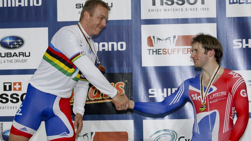 Chris Hoy (left) on the podium after winning the keirin final at the 2012 World Championships in Melbourne