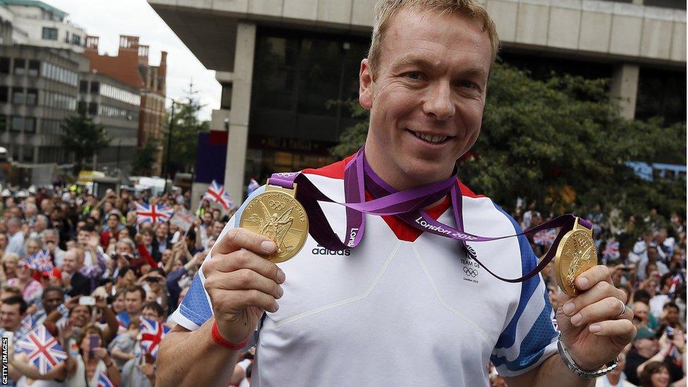 Chris Hoy with his gold medals at the London 2012 Games