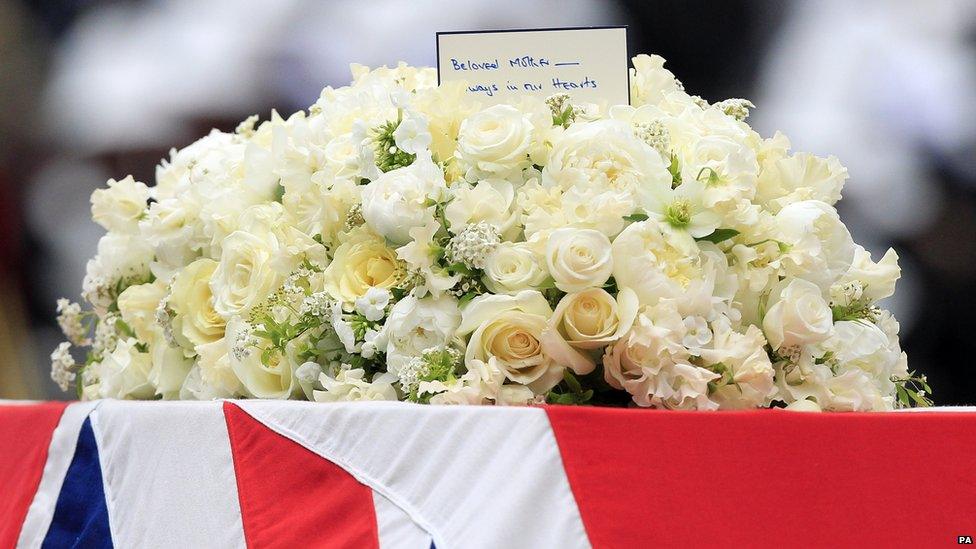 A Union flag draped coffin bearing the body of former Prime Minister Margaret Thatcher.