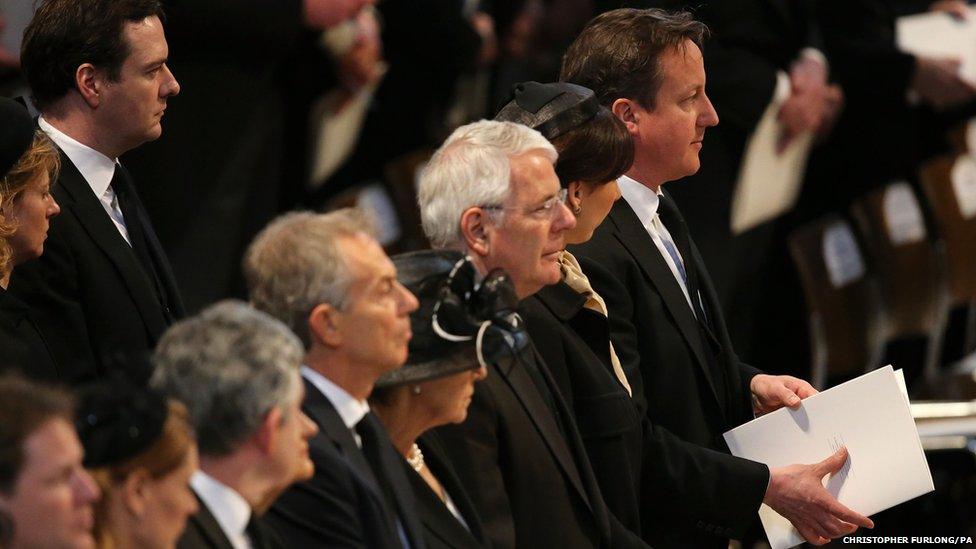 Former Prime Ministers Tony Blair, Sir John Major and Prime Minister David Cameron attend the funeral service