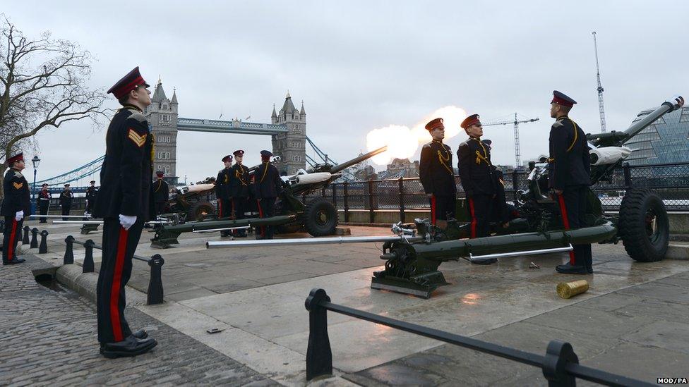 The Honourable Artillery Company (HAC) as they fire one round a minute at the Tower of London, prior to the funeral service of Baroness Thatcher.