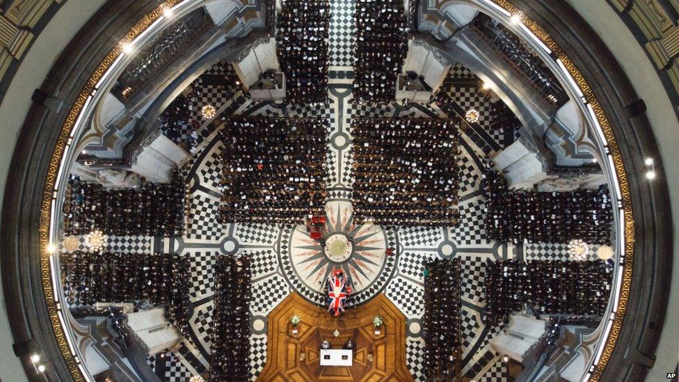 An overhead view of guests attending the ceremonial funeral of former British Prime Minister Margaret Thatcher at St Paul's Cathedral in London.