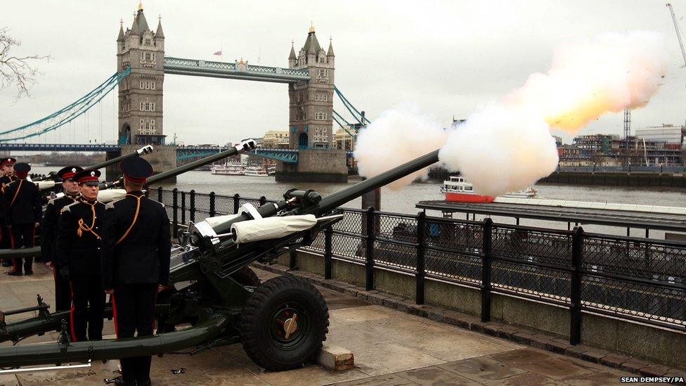 the Honourable Artillery Company fire Processional Minute Guns from in front of Tower Bridge