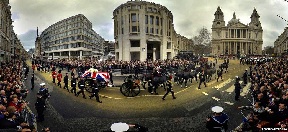 The funeral procession for Baroness Thatcher passes along Ludgate Hill (Multiple exposure)