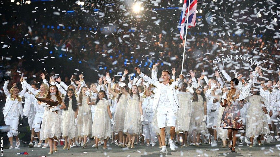 Chris Hoy leading Team GB at Olympic opening ceremony