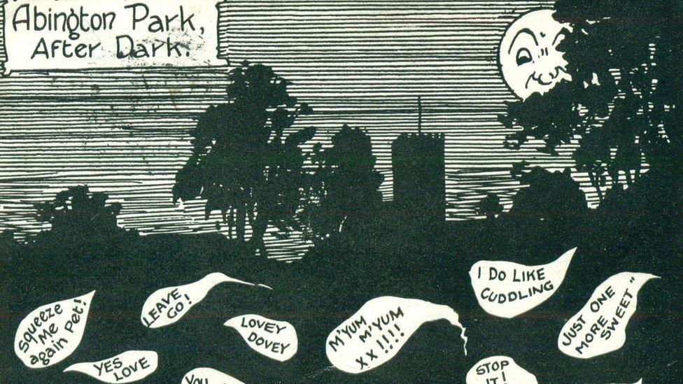 A comic-style postcard about the park at night
