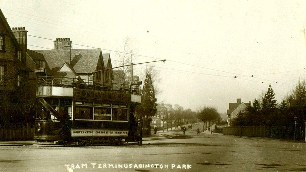 This postcard shows the tram terminus for Abington Park.
