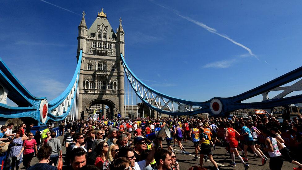 Runners taking part in the 2013 London Marathon in southeast London on April 21, 2013