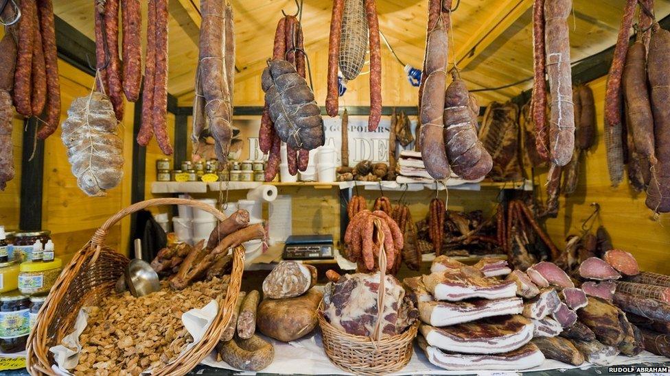 Charcuterie is a key part of traditional Croatian cuisine which draws on influences of Slavic, Mediterranean and other cultures from neighbouring countries. This is a stall on a street off Zagreb's main square, selling cured meats during the weekend before Lent.