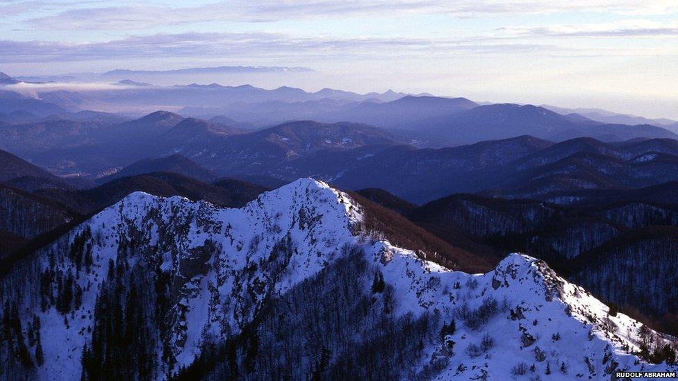 A view of Croatia's Risnjak national park in winter, part of the Dinaric Alps which stretch east to Serbia and as far south as Montenegro. This view is taken from the highest peak, Veliki Risnjak, which is 1,528m (yards) high.