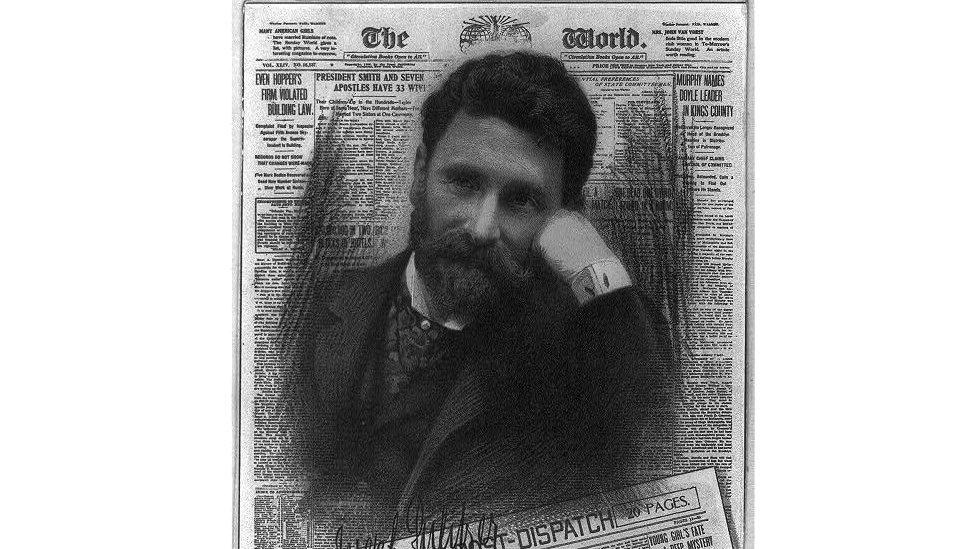 Joseph Pulitzer, superimposed over his newspaper