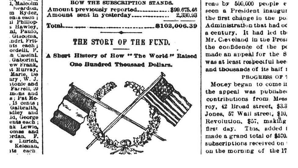 An image of the Statue of Liberty subscription campaign from The New York World newspaper