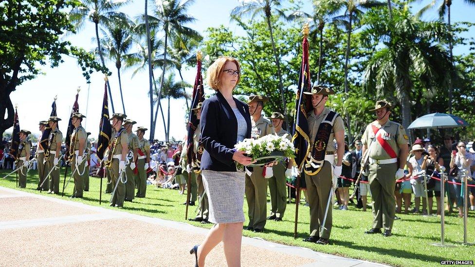 Prime Minister of Australia Julia Gillard lays a wreath during a commemorative service on 25 April 2013 in Townsville, Australia