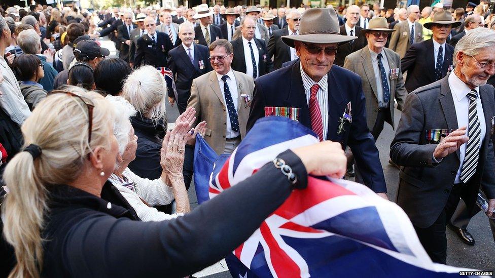 War veterans make their way down Bathurst Street during the ANZAC Day parade on 25 April 2013 in Sydney, Australia