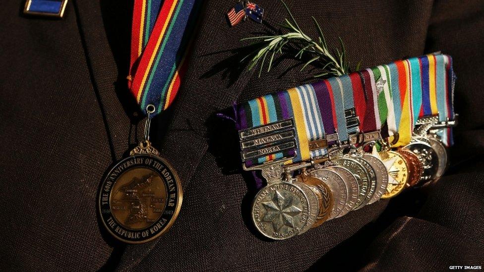 A war veteran's medals are displayed prior to the Anzac Day parade on 25 April 2013 in Sydney, Australia.