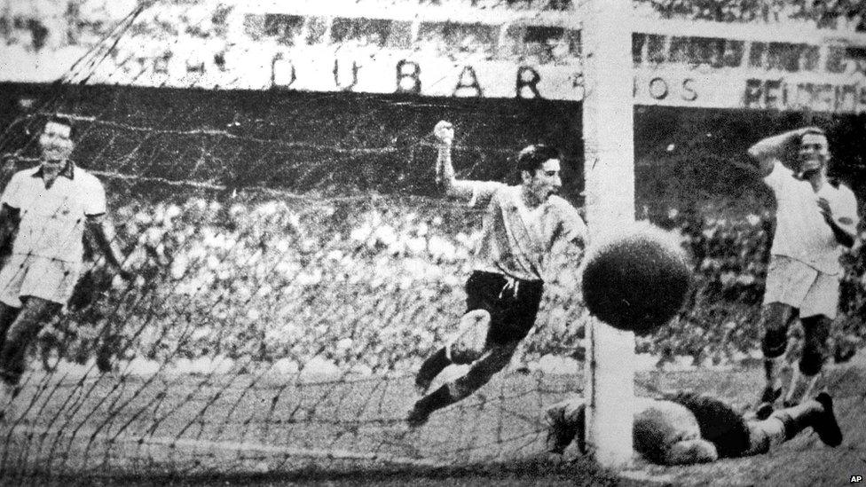 Uruguay player Ghiggia scores during the World Cup Final, against Brazil in the Maracana Stadium in Rio de Janeiro, Brazil, July 16, 1950. Uruguay defeated Brazil 2-1 to win the Rimet Cup.