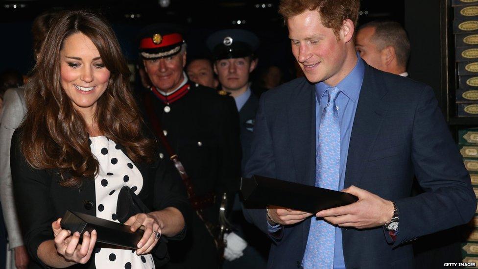 The Duchess of Cambridge and Prince Harry are given wands to mark their visit to the Harry Potter set