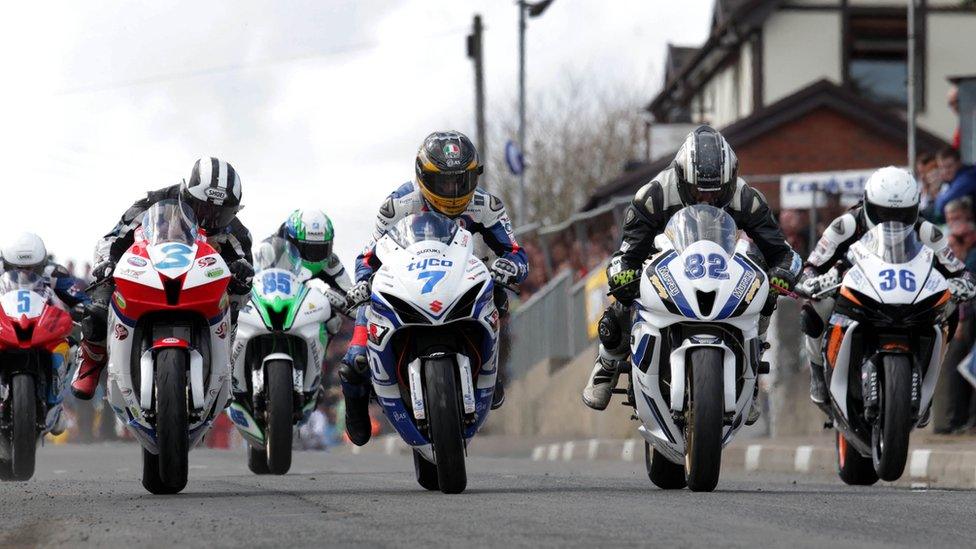 Action from the start of the Supersport 600 race at the sun-drenched Cookstown 100 races