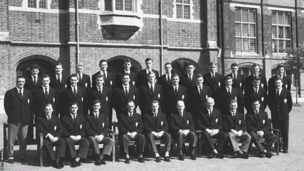 The British Lions rugby team before their summer tour of Australia and New Zealand, May 1959. Back row, left to right: Bev Risman, J.R. Young, Ken Scotland, A. Ashcroft, N.H. Brophy, S. Coughtrie, Peter Jackson, Wood, T.E. Davis, M.J. Price, John Faull, M.A.F. English. Centre row, left to right: R. Prosser, W.A. Mulcahy, K. Smith, Tony O'Reilly, W.R. Evans, R.W. Marques, N.A. Murphy, David Hewitt, Syd Millar, G.H. Waddell and H.J. Morgan. Front row, left to right: Dickie Jeeps, Malcolm Thomas, Jeff Butterfield, Ronnie Dawson, Rhys Williams, Hugh McLeod and Bryn Meredith. (Photo by Central Press/Hulton Archive/Getty Images)