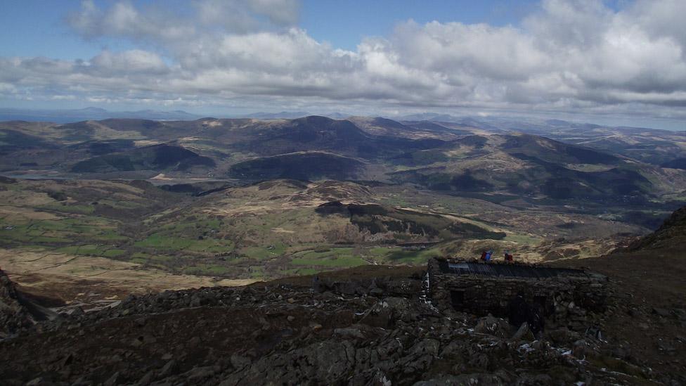 The view from the trig point at Cadair Idris in Snowdonia