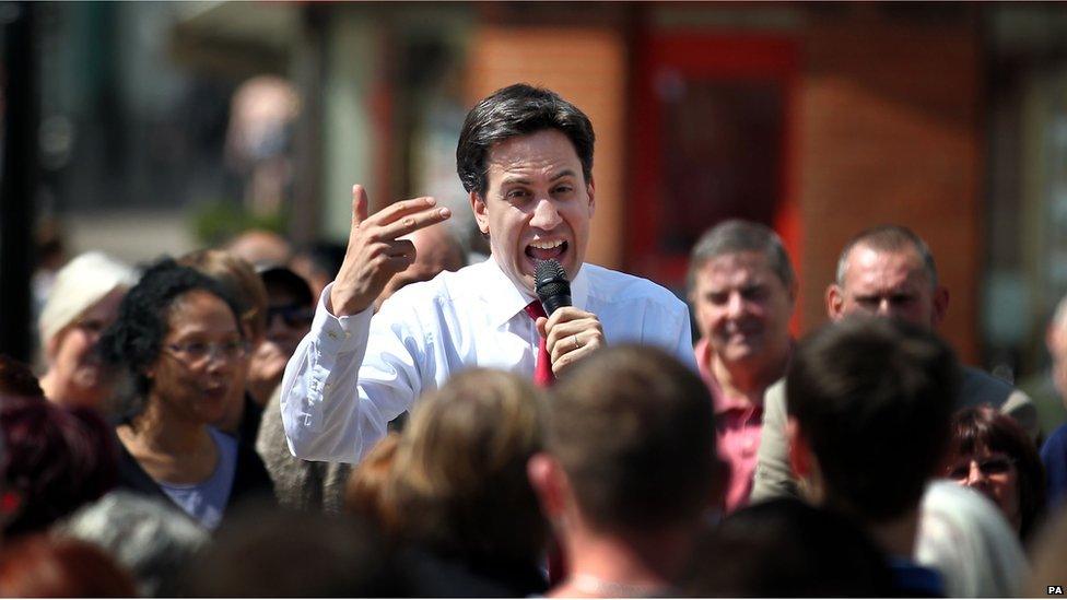 Labour Party Leader Ed Miliband talks to members of the public in Hastings town centre.