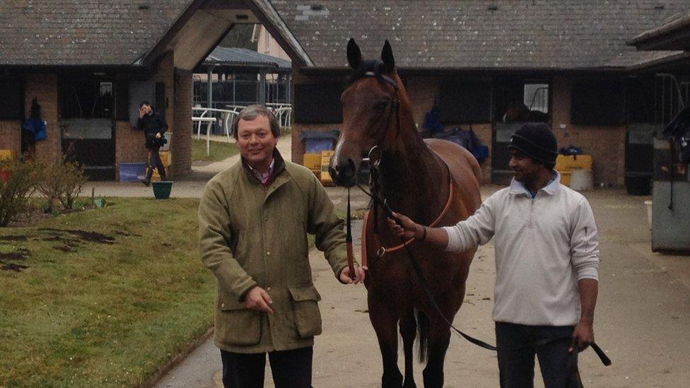 Trainer William Haggas with one-time 1000 Guineas hopeful Rosdhu Queen and her groom, who shares the same name as Indian cricketer Mohammed Azharuddin. The filly is set to run at Royal Ascot in June