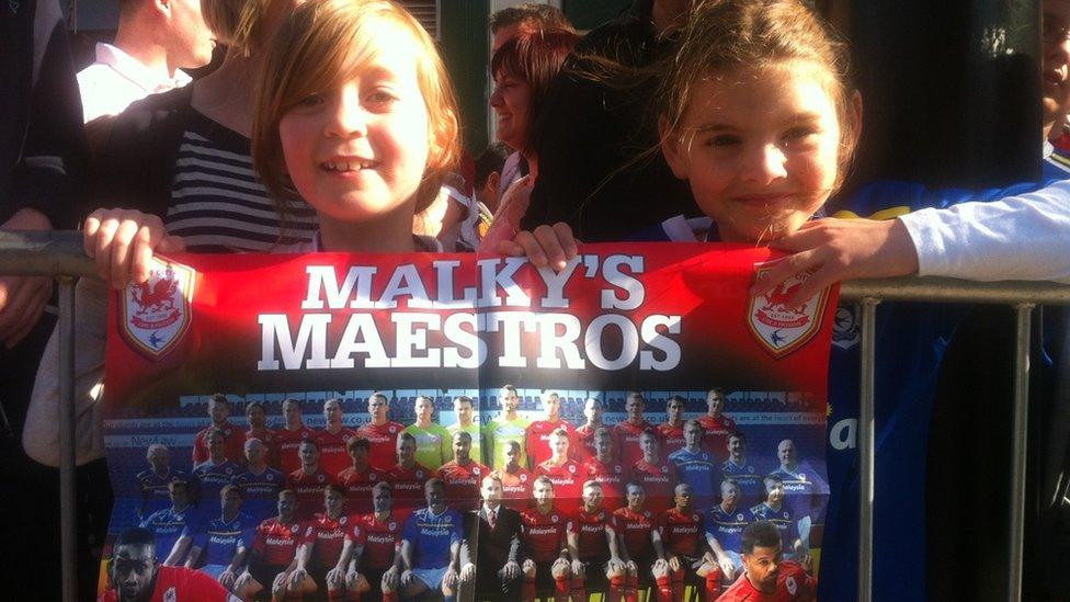 Eight-year-old Hana with her friend Rhiannon, nine, from Abergavenny were in place early to get a view of their footballing heroes.