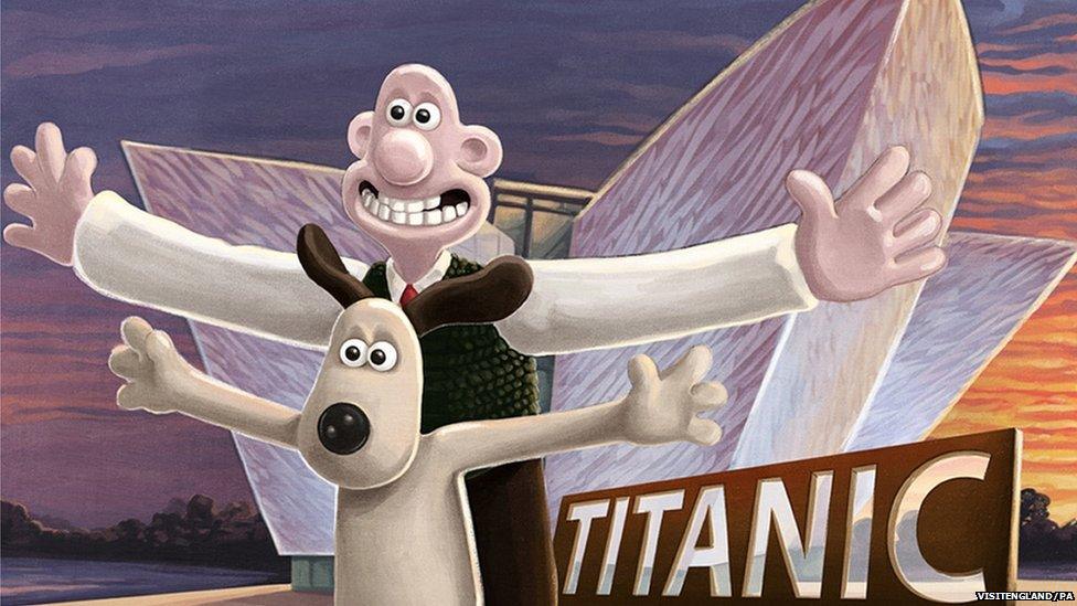 Wallace and Gromit recreate the famous scene from the film Titanic outside the Titanic Museum.