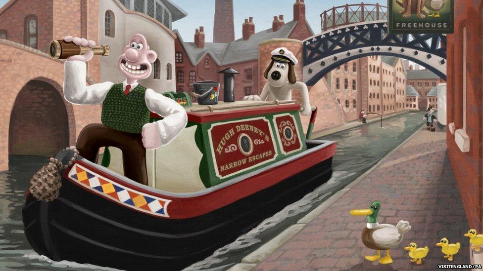 Wallace and Gromit enjoying a canal boat trip in Birmingham.