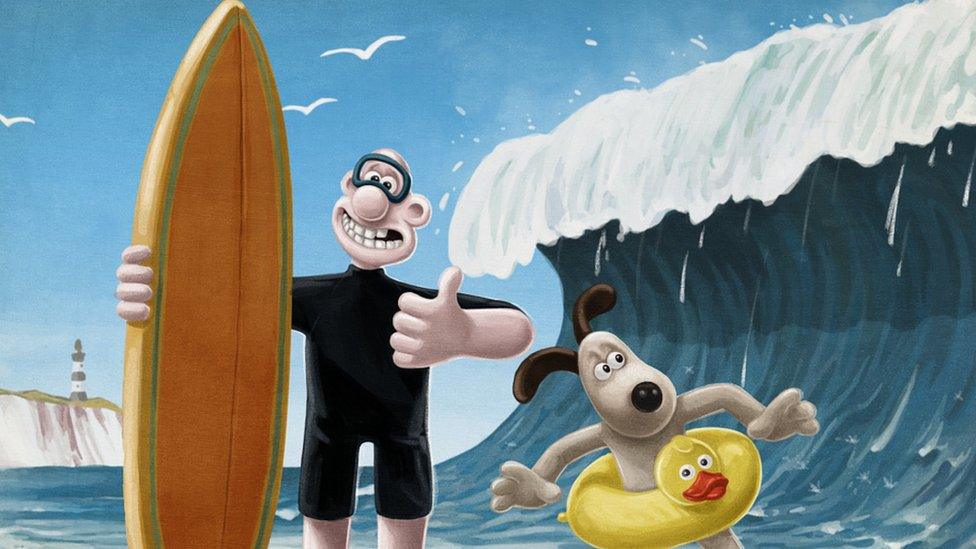 Wallace and Gromit ready to surf.