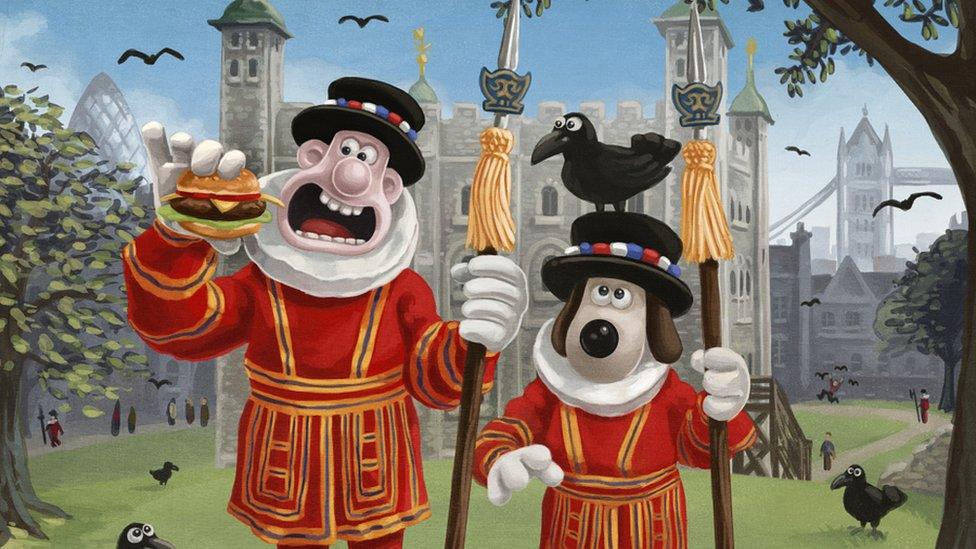 Wallace and Gromit as Beefeaters at the Tower of London.