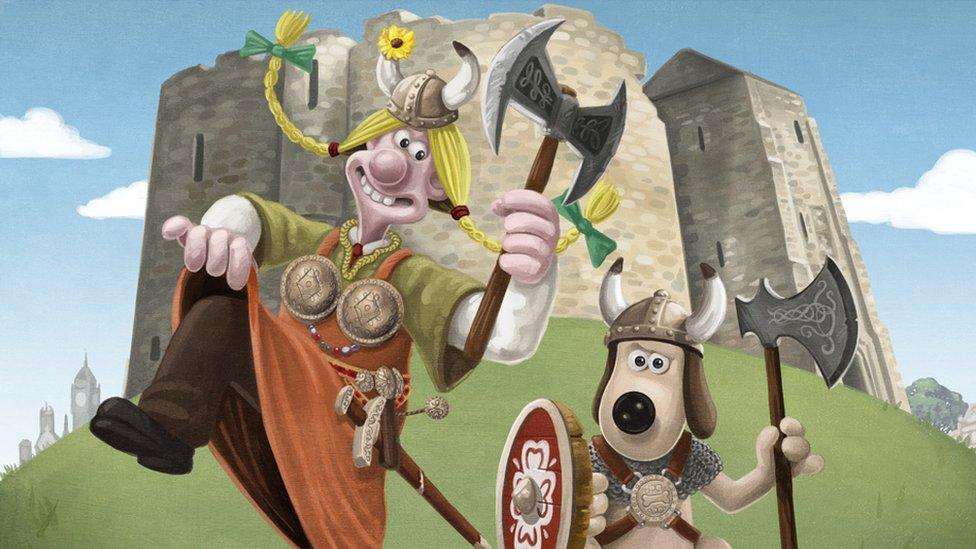 Wallace and Gromit dressed as Vikings at York Castle.