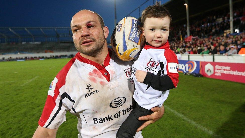 Rory Best celebrates Ulster's victory over the Scarlets with son Ben