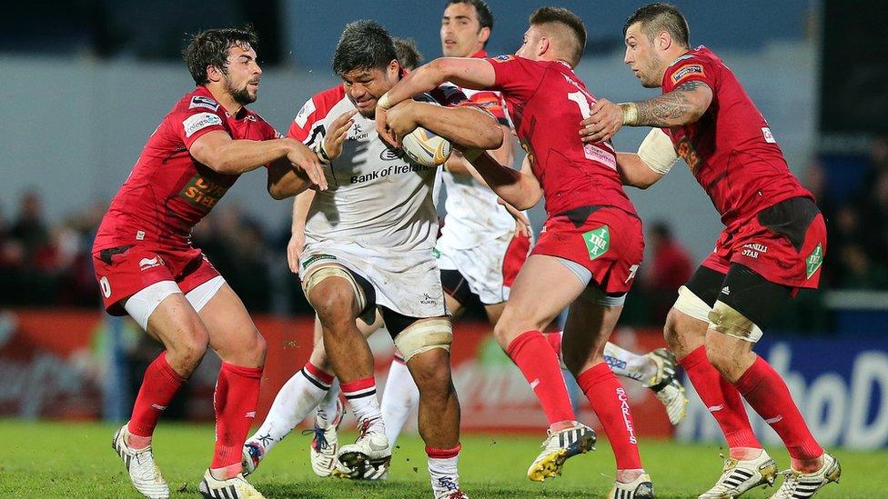 Rampaging Ulster number eight Nick Williams makes ground against the Scarlets defence