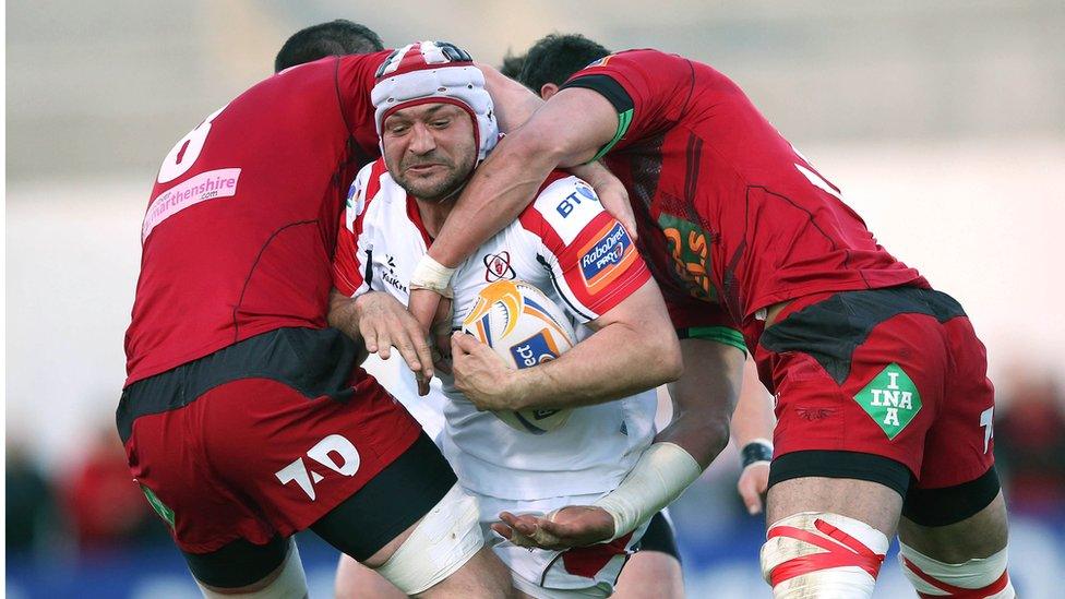 Man-of-the-match Rory Best charges his way through two Scarlets defenders during the 28-17 Pro12 semi-final win