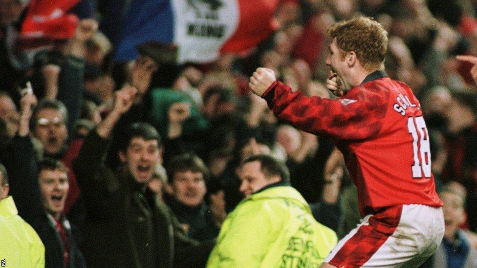 Paul Scholes celebrates scoring against Wimbledon during the 1996-97 FA Cup fourth round