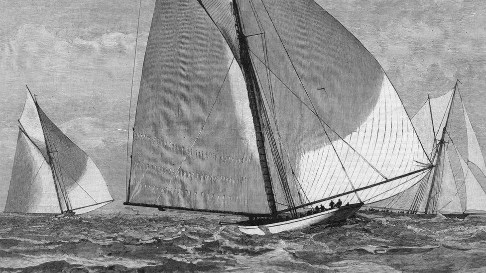 1887: By the eighth edition of the America's Cup, the boats have already changed significantly. American sloop Volunteer (left) beats Britain's Thistle (right) in New York. Volunteer is the first America's Cup yacht to have an all-steel frame and hull, with a pine deck.