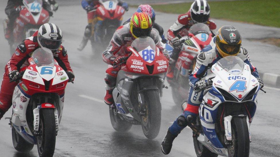 The riders get away for the opening Supersport race - but it was to last just two laps