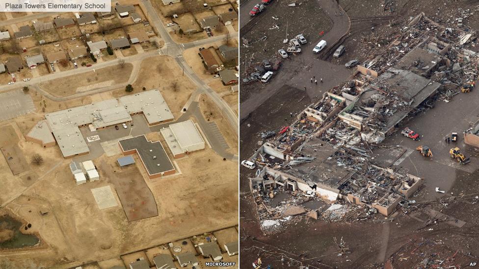 Before and after image of Plaza Towers Elementary School, Oklahoma