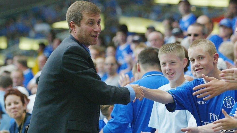 Roman Abramovich meets the fans during the Premiership match between Chelsea and Leicester City at Stamford Bridge on 23 August, 2003