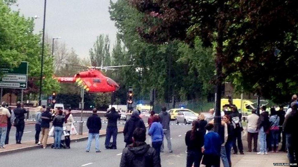 An air ambulance helicopter landing in Woolwich, south London