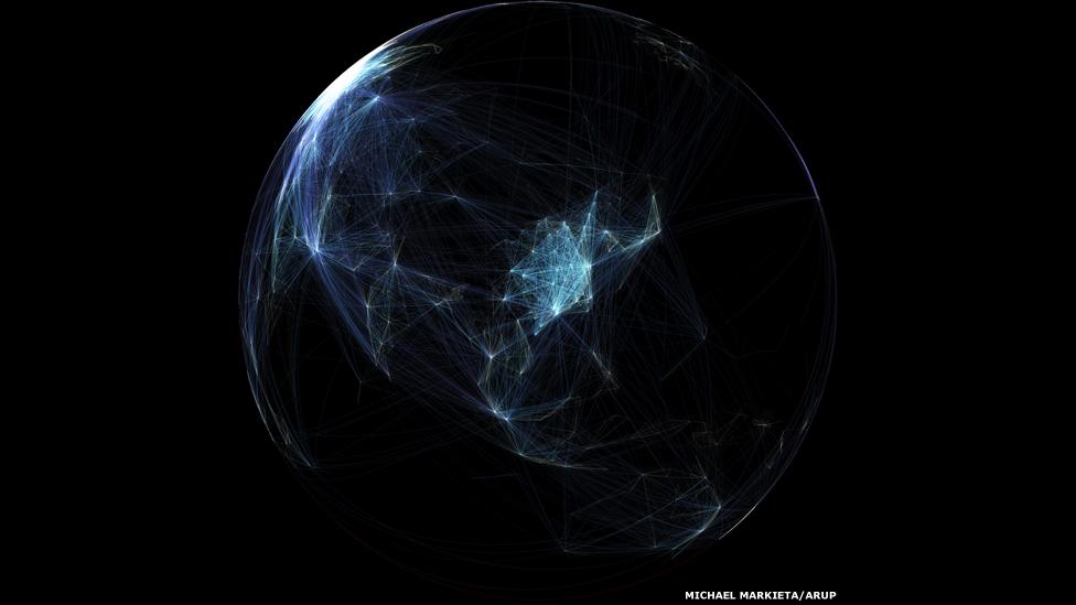 Global flights, Orthographic Australasia