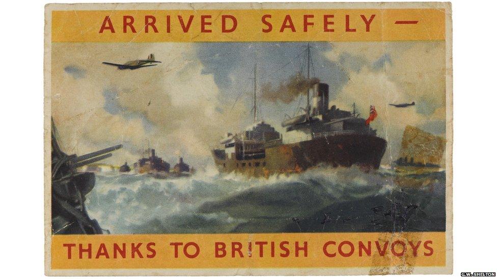 A packing label which reads: "Arrived safely – thanks to British Convoys". On the reverse the same message of thanks appears in different languages.