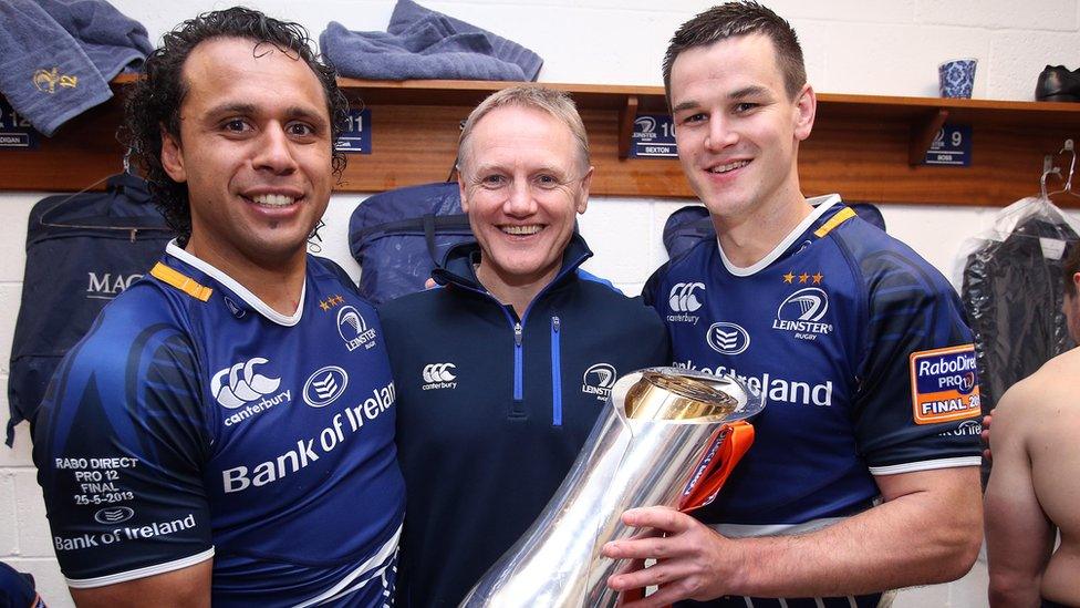 Isa Nacewa, Josef Schmidt and Jonathan Sexton celebrate victory after their final match with Leinster